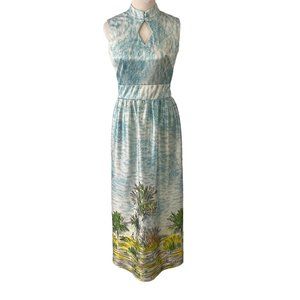 Ricano Vintage 1970s Maxi Dress 10 Watercolor Clouds Keyhole Neck Tiki Hawaiian